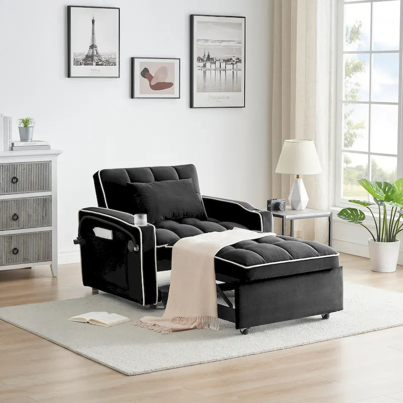 Canapé-lit pliable moderne en velours, convertible, avec dossier réglable, port USB, cendrier et support de téléphone pivotant