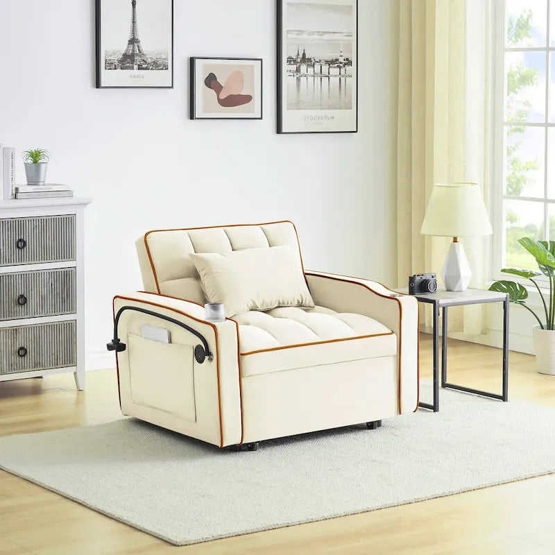 foldable sofa bed , modern sofa sofa velvet pull-out bed, adjustable back and with USB port and ashtray and swivel phone stand