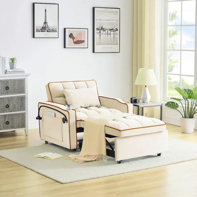 Sofá cama plegable, sofá moderno de terciopelo convertible en cama, con respaldo ajustable, puerto USB, cenicero y soporte giratorio para teléfono