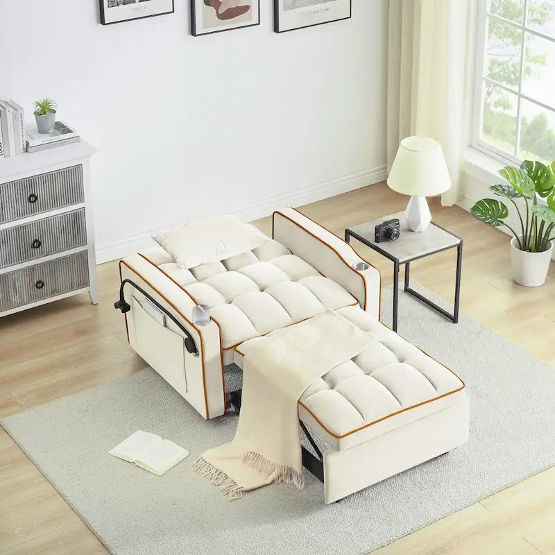 Sofá cama plegable, sofá moderno de terciopelo convertible en cama, con respaldo ajustable, puerto USB, cenicero y soporte giratorio para teléfono