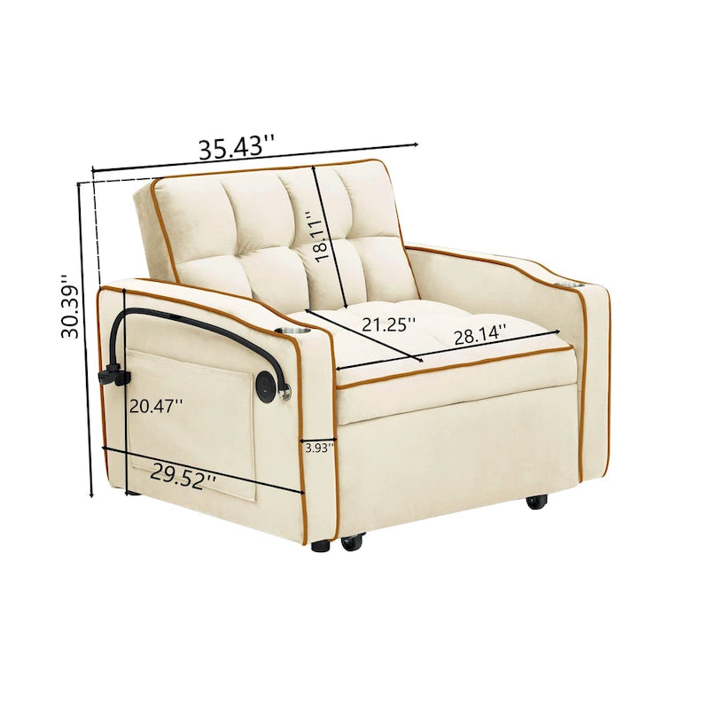 Canapé-lit pliable moderne en velours, convertible, avec dossier réglable, port USB, cendrier et support de téléphone pivotant