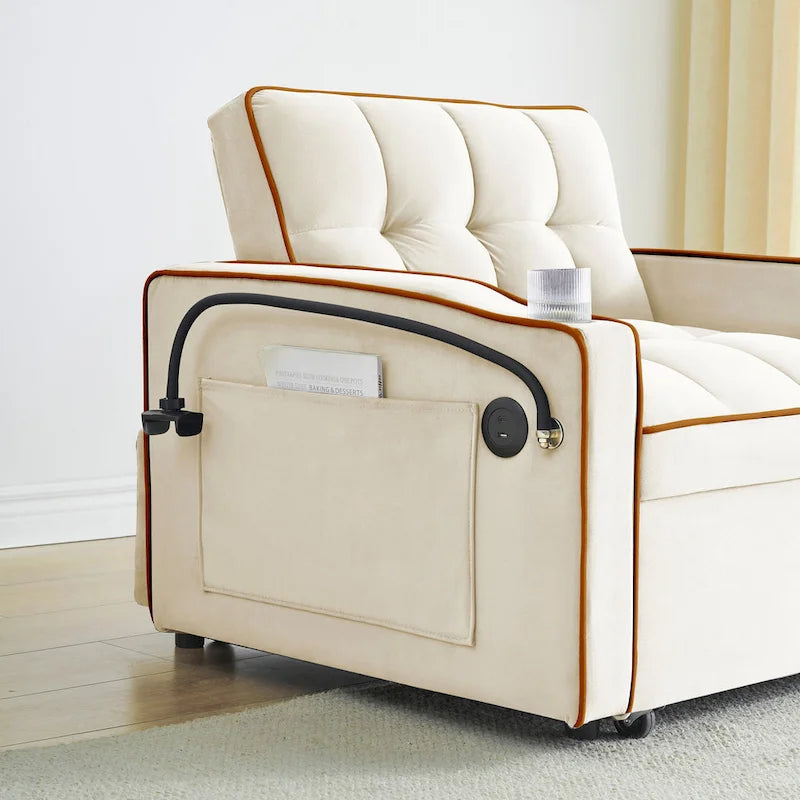Sofá cama plegable, sofá moderno de terciopelo convertible en cama, con respaldo ajustable, puerto USB, cenicero y soporte giratorio para teléfono