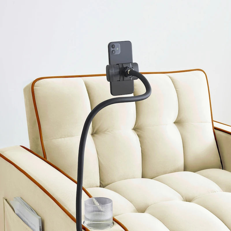 Sofá cama plegable, sofá moderno de terciopelo convertible en cama, con respaldo ajustable, puerto USB, cenicero y soporte giratorio para teléfono
