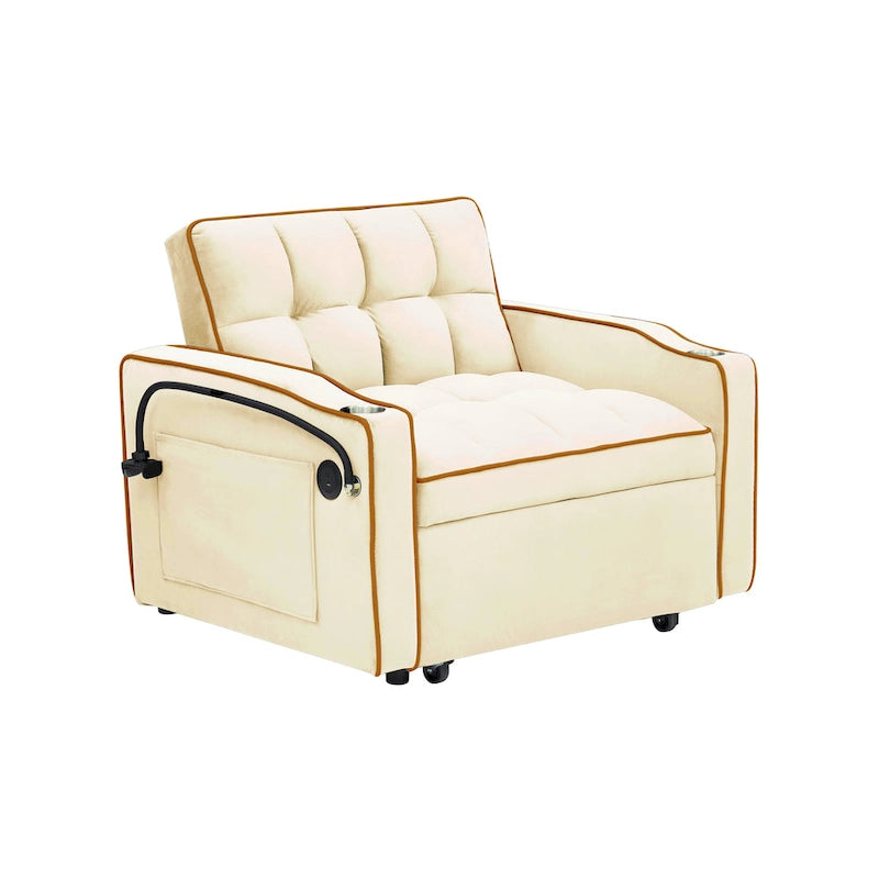 Sofá cama plegable, sofá moderno de terciopelo convertible en cama, con respaldo ajustable, puerto USB, cenicero y soporte giratorio para teléfono