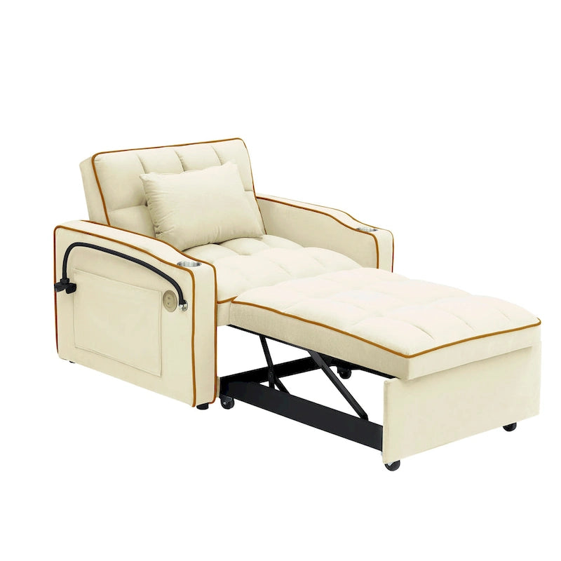 Sofá cama plegable, sofá moderno de terciopelo convertible en cama, con respaldo ajustable, puerto USB, cenicero y soporte giratorio para teléfono