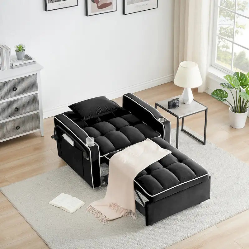 Sofá cama plegable, sofá moderno de terciopelo convertible en cama, con respaldo ajustable, puerto USB, cenicero y soporte giratorio para teléfono