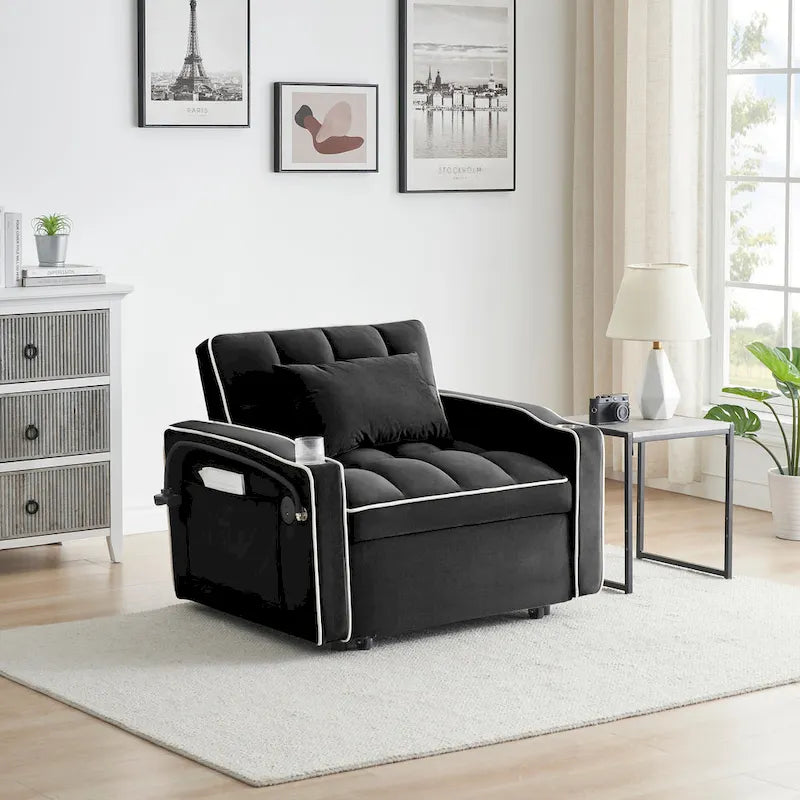 Sofá cama plegable, sofá moderno de terciopelo convertible en cama, con respaldo ajustable, puerto USB, cenicero y soporte giratorio para teléfono