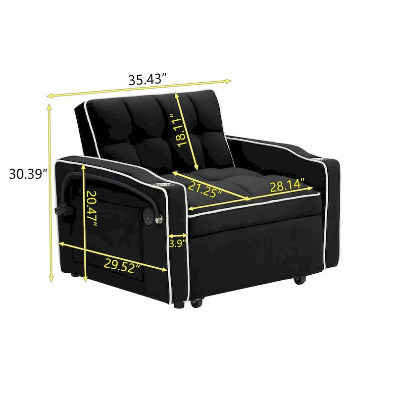 Sofá cama plegable, sofá moderno de terciopelo convertible en cama, con respaldo ajustable, puerto USB, cenicero y soporte giratorio para teléfono
