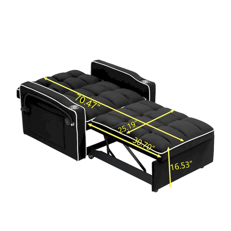 Sofá cama plegable, sofá moderno de terciopelo convertible en cama, con respaldo ajustable, puerto USB, cenicero y soporte giratorio para teléfono