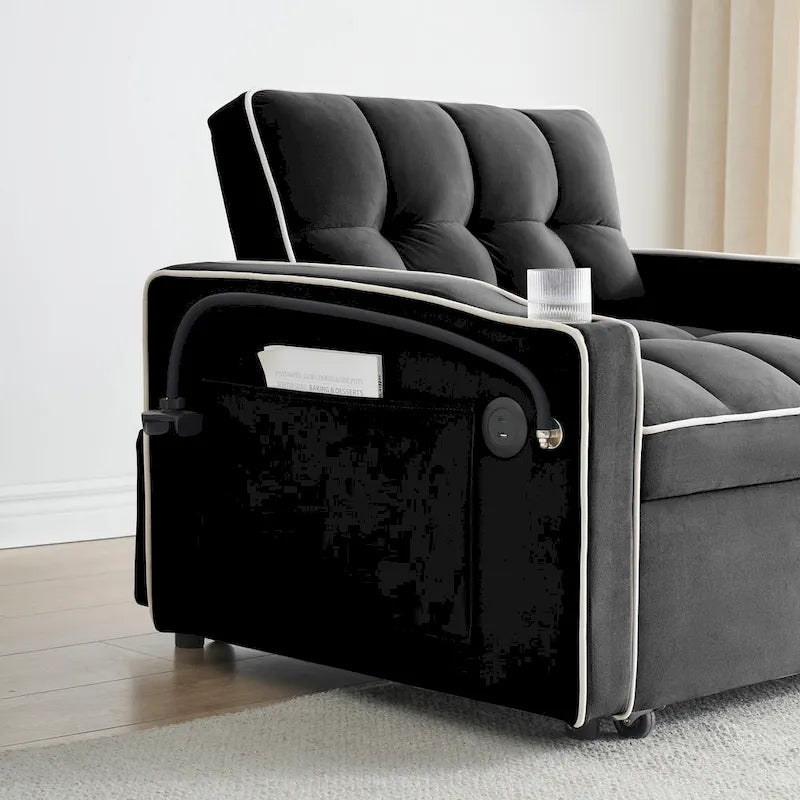 Sofá cama plegable, sofá moderno de terciopelo convertible en cama, con respaldo ajustable, puerto USB, cenicero y soporte giratorio para teléfono