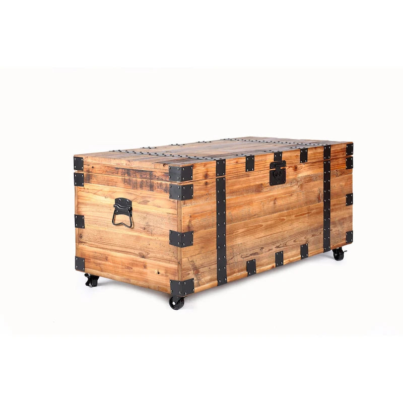 Mesa baúl con cuatro ruedas y gran capacidad de almacenaje, mesa de centro de madera recuperada natural/metal negro