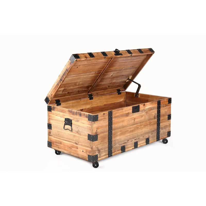 Mesa baúl con cuatro ruedas y gran capacidad de almacenaje, mesa de centro de madera recuperada natural/metal negro