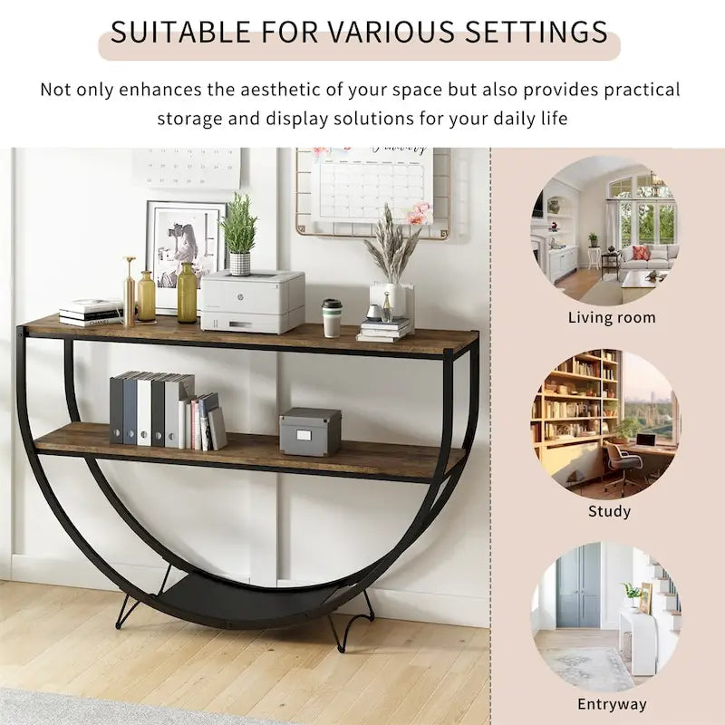 Table console en métal texturé et bois vieilli, forme demi-lune rustique