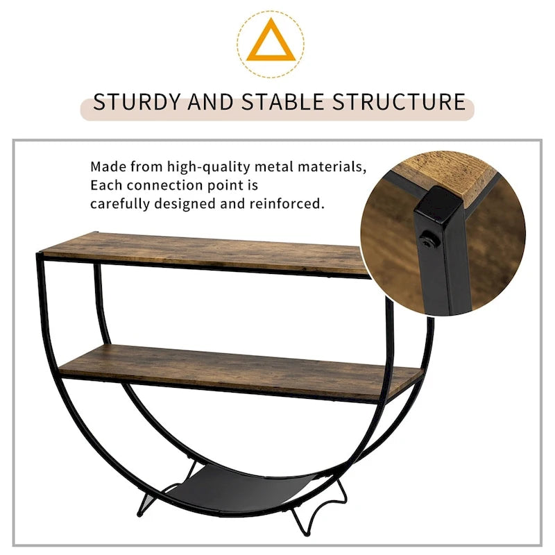 Table console en métal texturé et bois vieilli, forme demi-lune rustique