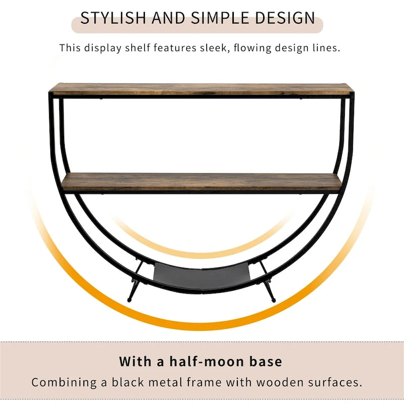 Table console en métal texturé et bois vieilli, forme demi-lune rustique