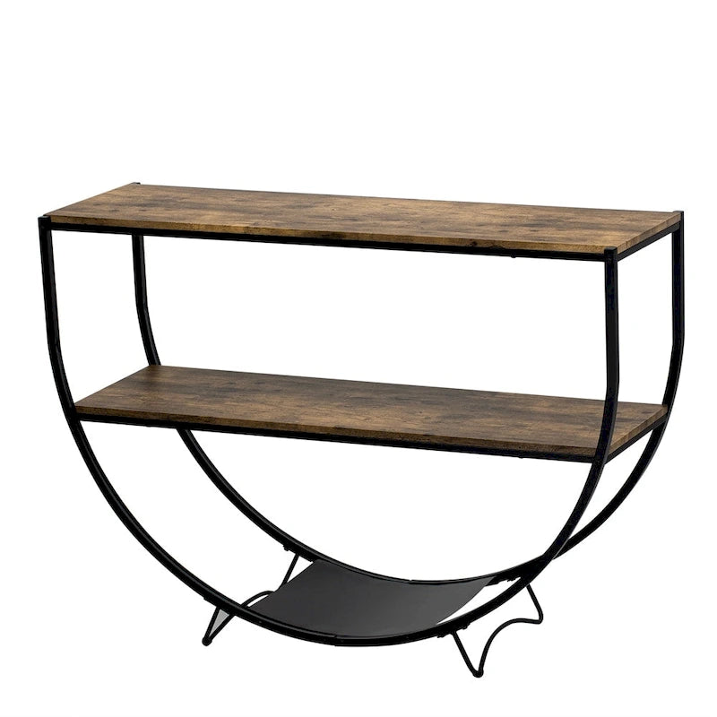 Table console en métal texturé et bois vieilli, forme demi-lune rustique