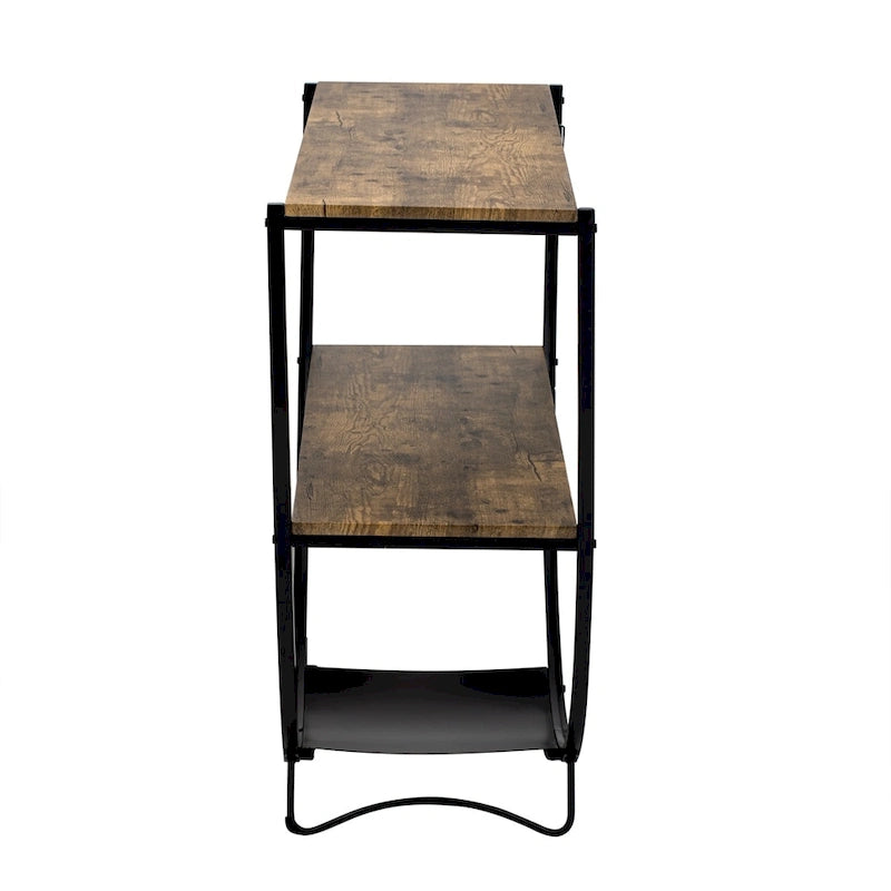 Table console en métal texturé et bois vieilli, forme demi-lune rustique