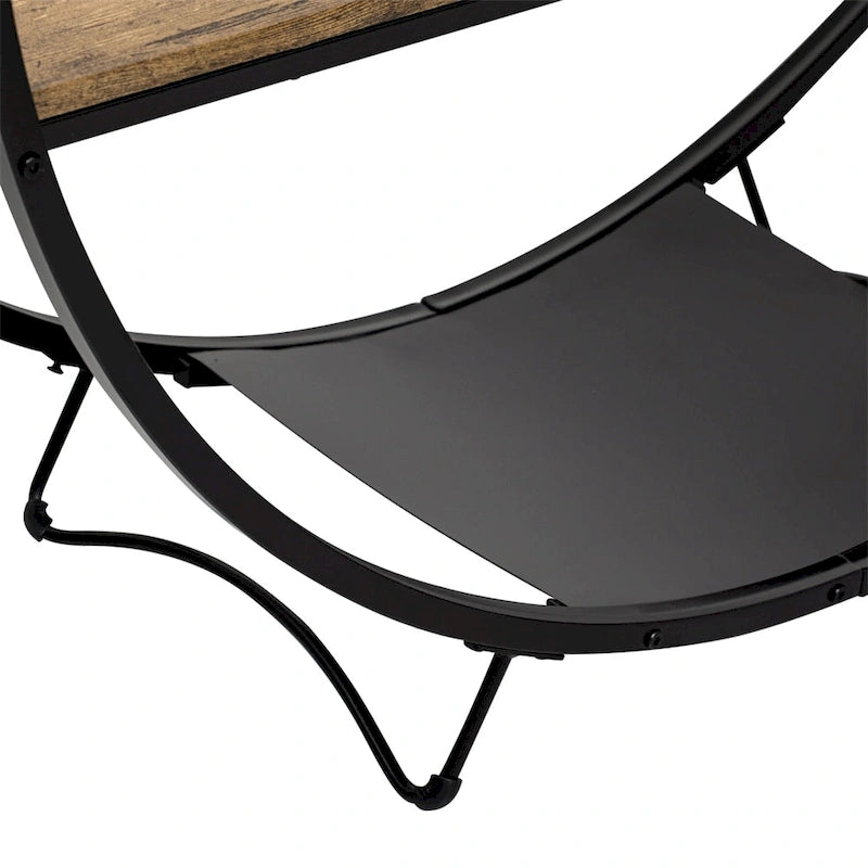 Table console en métal texturé et bois vieilli, forme demi-lune rustique