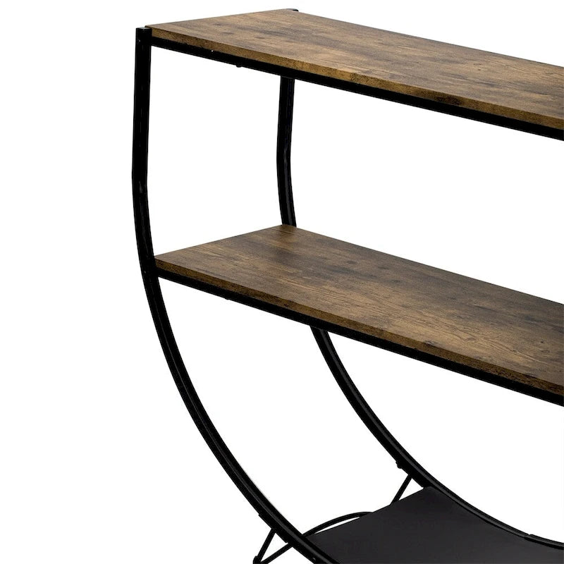 Table console en métal texturé et bois vieilli, forme demi-lune rustique