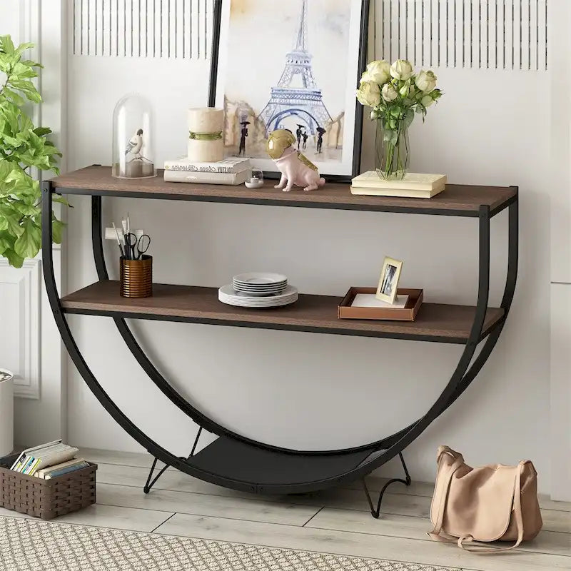 Table console en métal texturé et bois vieilli, forme demi-lune rustique
