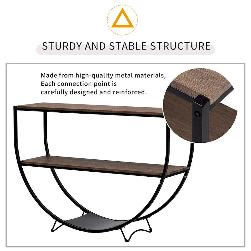 Table console en métal texturé et bois vieilli, forme demi-lune rustique