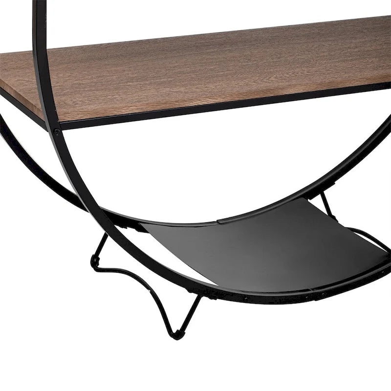 Table console en métal texturé et bois vieilli, forme demi-lune rustique