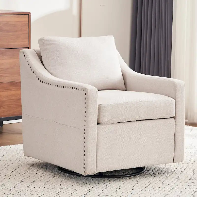 Fauteuil d’appoint moderne en lin (avec clous décoratifs et pivotement à 360 degrés)