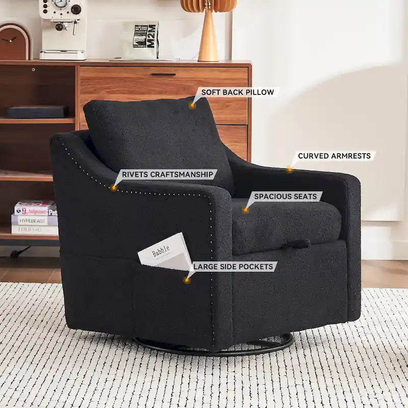 Fauteuil d’appoint moderne en lin (avec clous décoratifs et pivotement à 360 degrés)