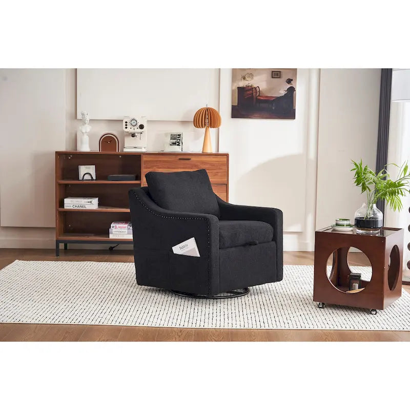 Fauteuil d’appoint moderne en lin (avec clous décoratifs et pivotement à 360 degrés)