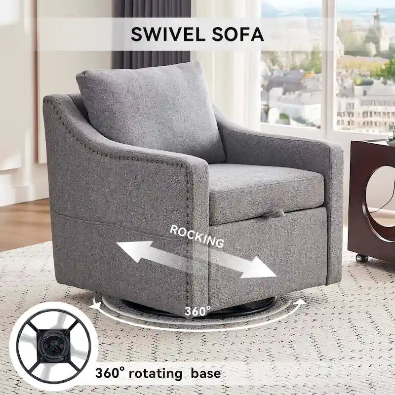 Fauteuil d’appoint moderne en lin (avec clous décoratifs et pivotement à 360 degrés)