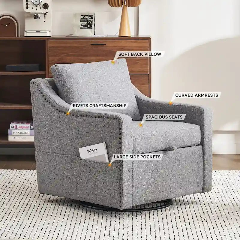 Fauteuil d’appoint moderne en lin (avec clous décoratifs et pivotement à 360 degrés)