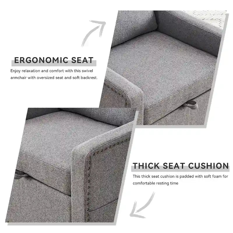 Fauteuil d’appoint moderne en lin (avec clous décoratifs et pivotement à 360 degrés)