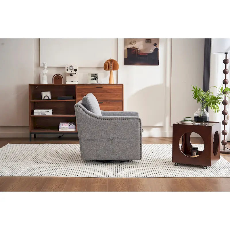 Fauteuil d’appoint moderne en lin (avec clous décoratifs et pivotement à 360 degrés)