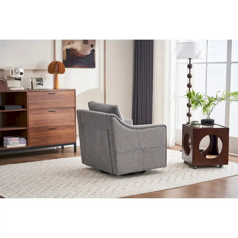 Fauteuil d’appoint moderne en lin (avec clous décoratifs et pivotement à 360 degrés)