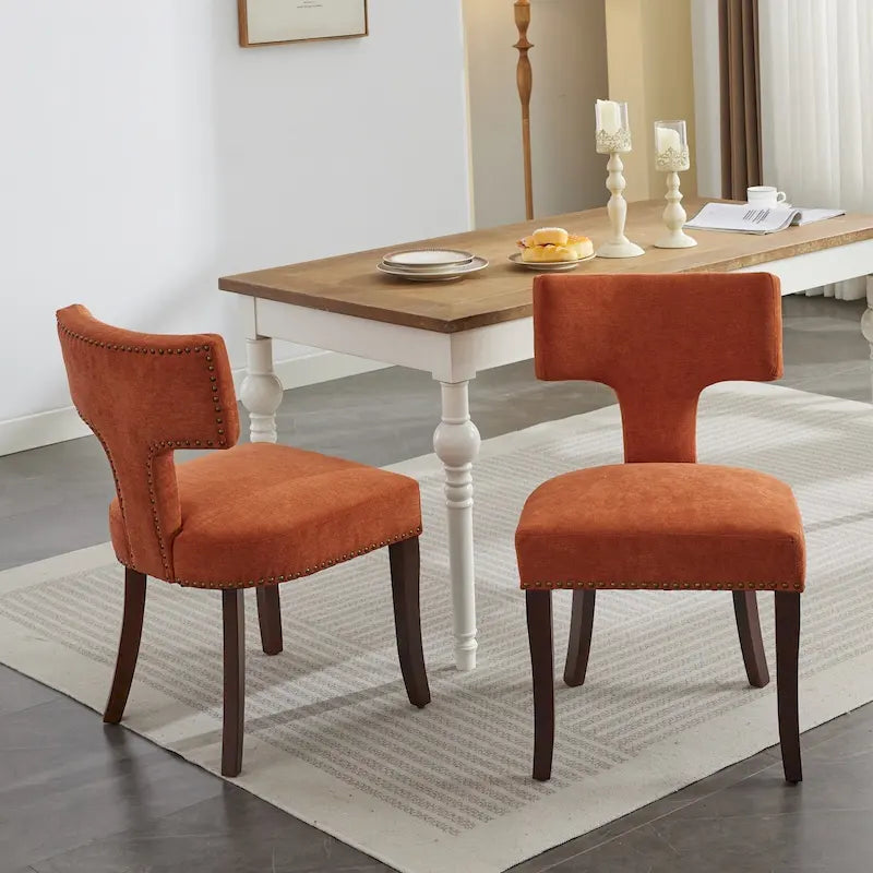 Lot de 2 chaises de salle à manger modernes, chaise d’appoint rembourrée en lin avec dossier incurvé et structure en bois d’hévéa