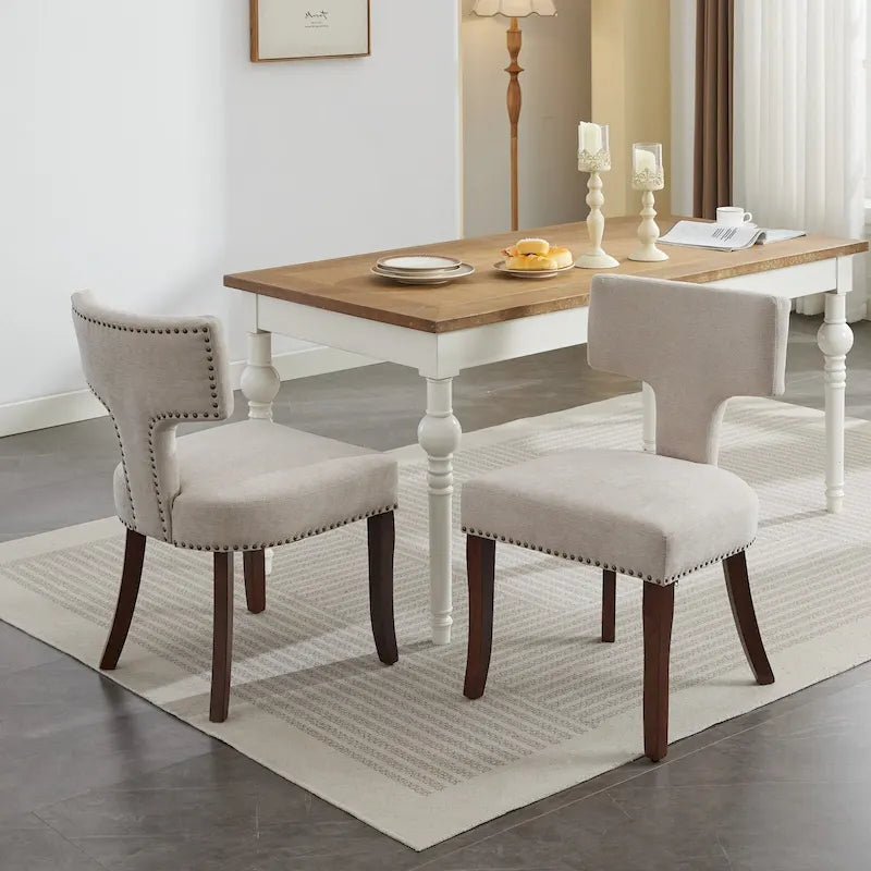 Lot de 2 chaises de salle à manger modernes, chaise d’appoint rembourrée en lin avec dossier incurvé et structure en bois d’hévéa