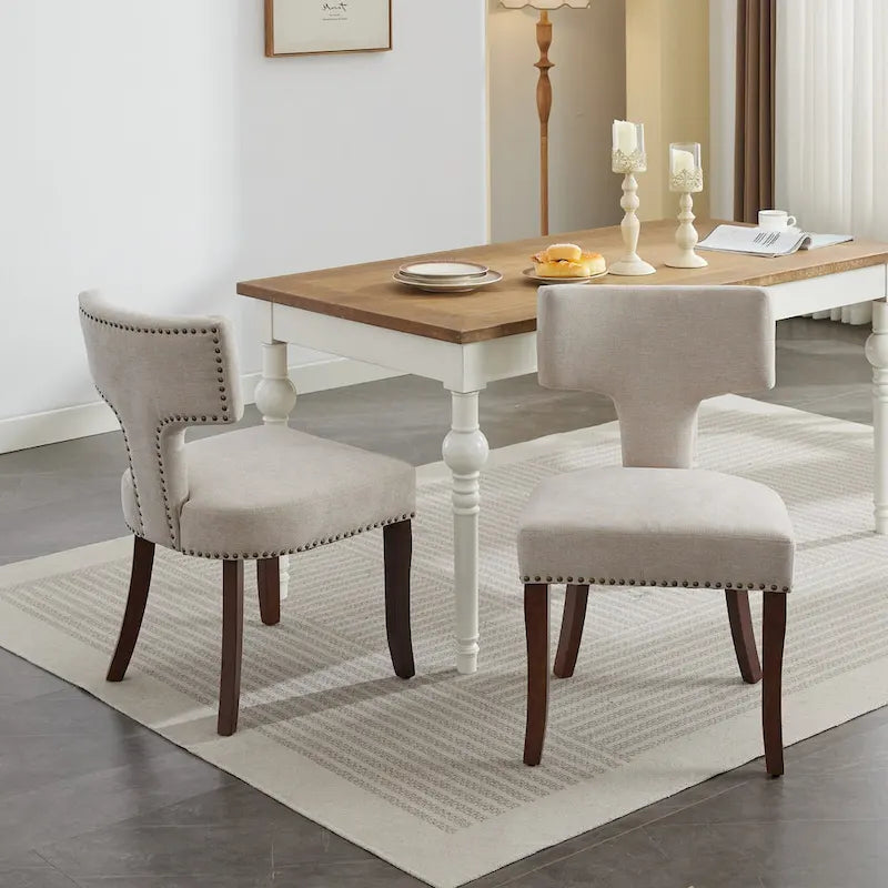 Lot de 2 chaises de salle à manger modernes, chaise d’appoint rembourrée en lin avec dossier incurvé et structure en bois d’hévéa