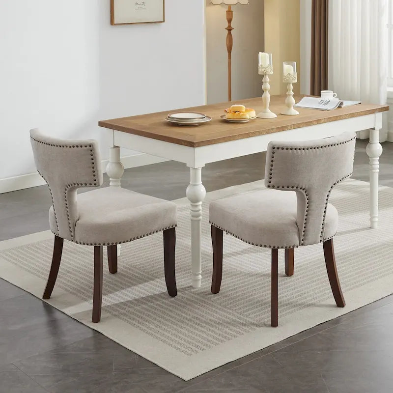 Lot de 2 chaises de salle à manger modernes, chaise d’appoint rembourrée en lin avec dossier incurvé et structure en bois d’hévéa