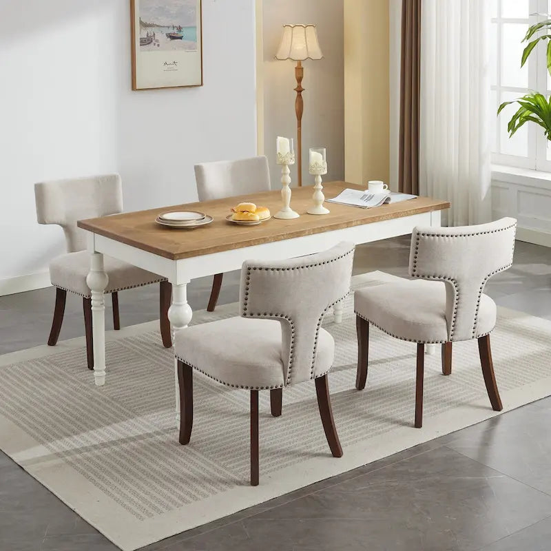 Moderne Esszimmerstühle im 2er-Set, gepolsterter Akzentstuhl aus Leinenstoff mit geschwungener Rückenlehne, Küchenstühle mit Gestell aus Gummibaumholz