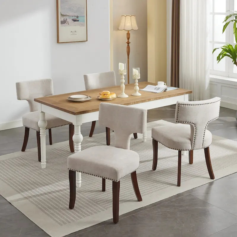 Moderne Esszimmerstühle im 2er-Set, gepolsterter Akzentstuhl aus Leinenstoff mit geschwungener Rückenlehne, Küchenstühle mit Gestell aus Gummibaumholz