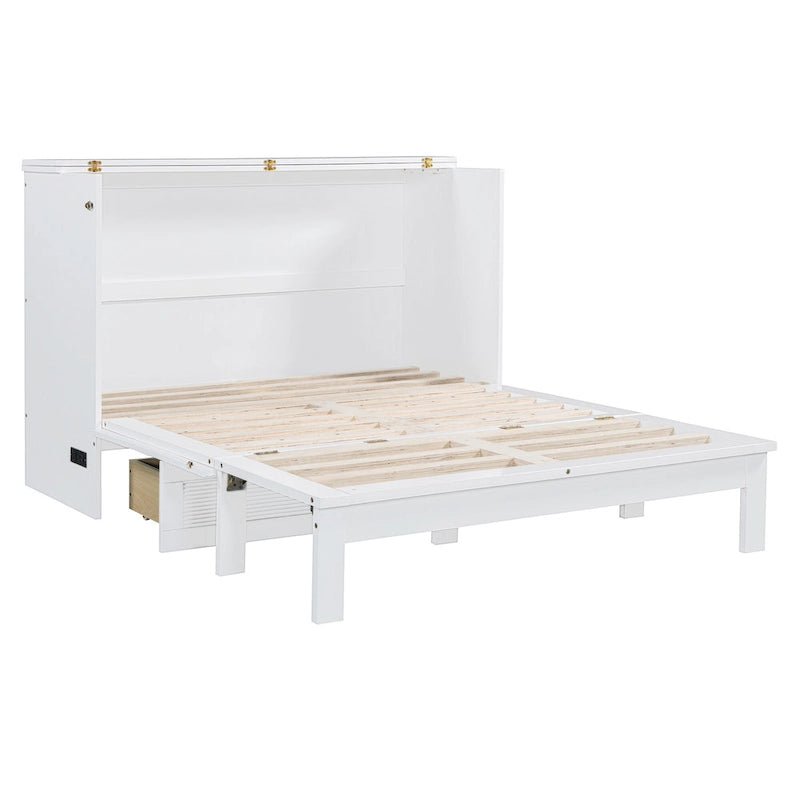 Lit escamotable mural format Full/Queen avec grand tiroir de rangement, meuble-lit escamotable gain de place avec un ensemble de prises et des ports USB