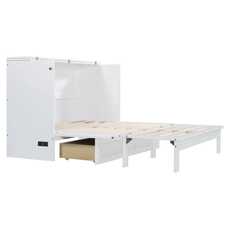 Lit escamotable mural format Full/Queen avec grand tiroir de rangement, meuble-lit escamotable gain de place avec un ensemble de prises et des ports USB