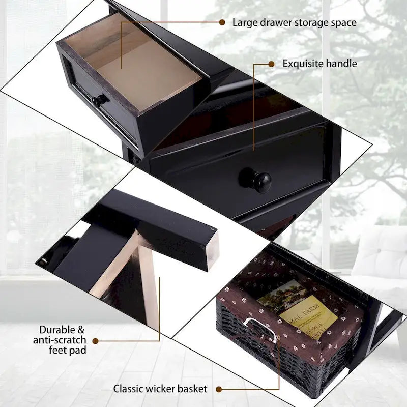 Table de chevet noire à 3 niveaux avec 1 tiroir, table d’appoint de chevet et organisateur