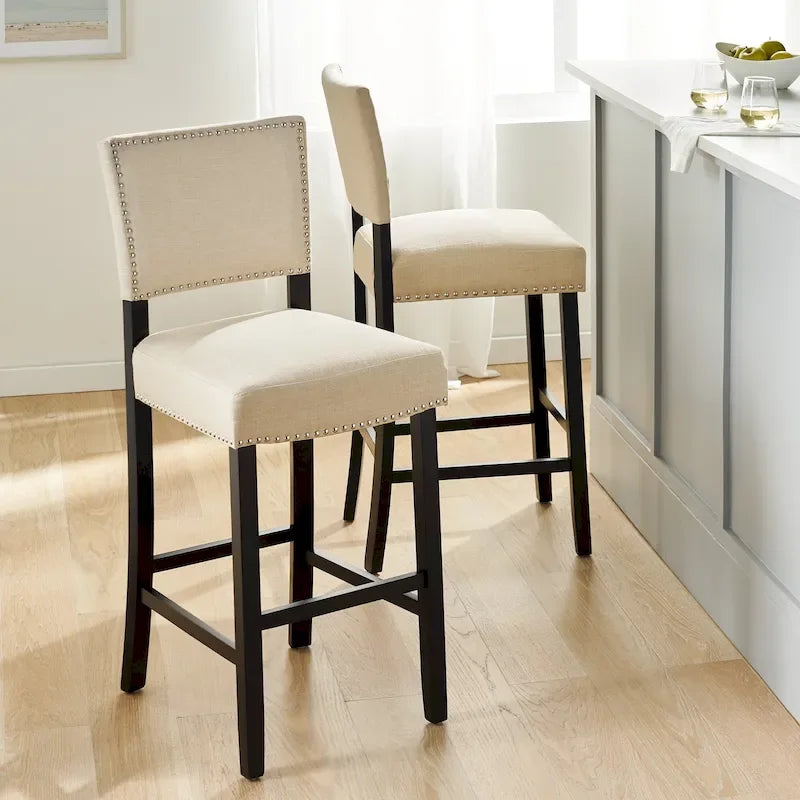 Ensemble de 2 tabourets de comptoir, chaises d’îlot de cuisine avec pieds en bois, chaises de salle à manger rembourrées sans accoudoirs avec dossier