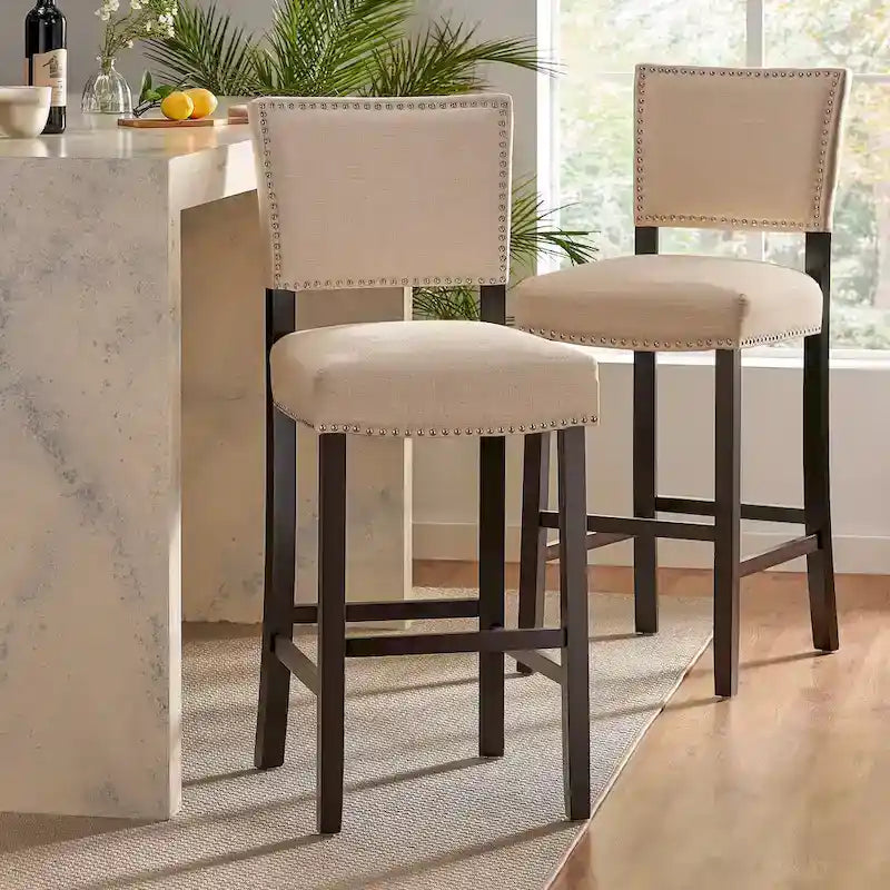 Ensemble de 2 tabourets de comptoir, chaises d’îlot de cuisine avec pieds en bois, chaises de salle à manger rembourrées sans accoudoirs avec dossier