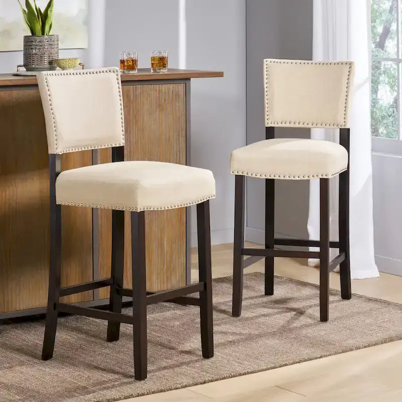 Ensemble de 2 tabourets de comptoir, chaises d’îlot de cuisine avec pieds en bois, chaises de salle à manger rembourrées sans accoudoirs avec dossier