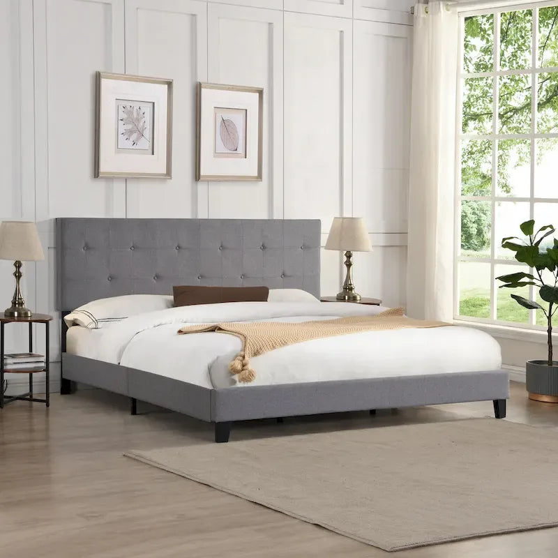 Cama de plataforma tamaño queen tapizada con cabecera capitoné