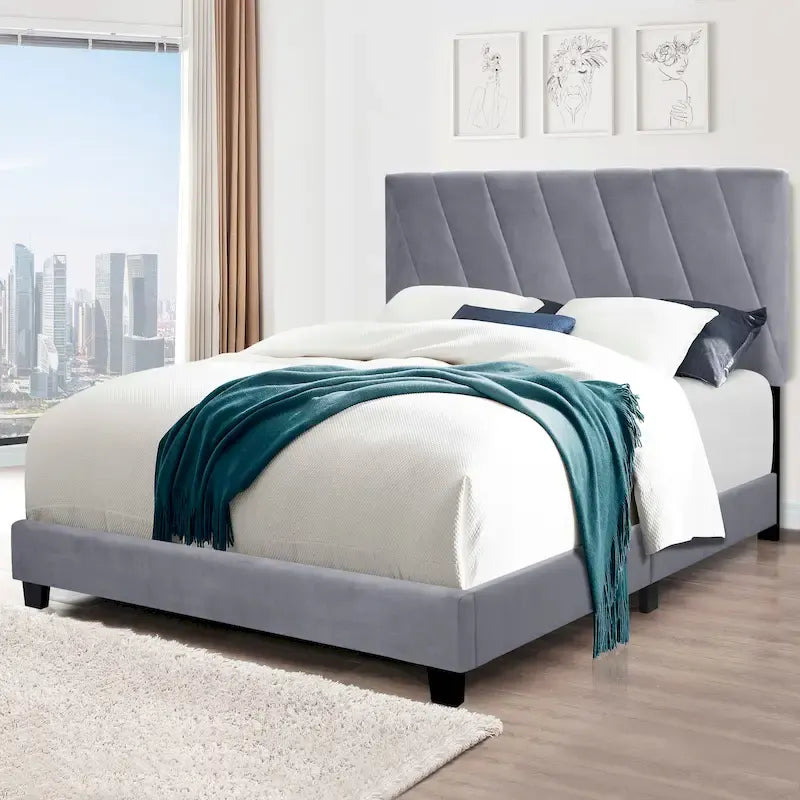 Cadre de lit plateforme rembourré réglable de style moderne gris, format Queen, pour chambre à coucher