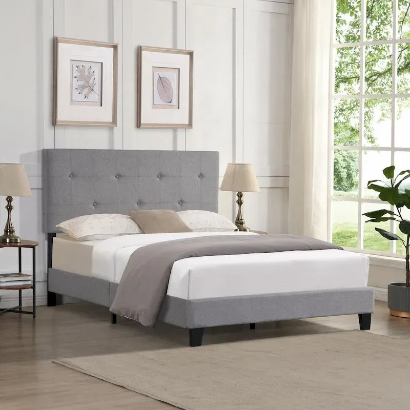 Grey Linen Upholstered Full Size Platform Bed with Pull Point Tufted Headboard, Strong Wood Slat Support, No Box Spring Needed
