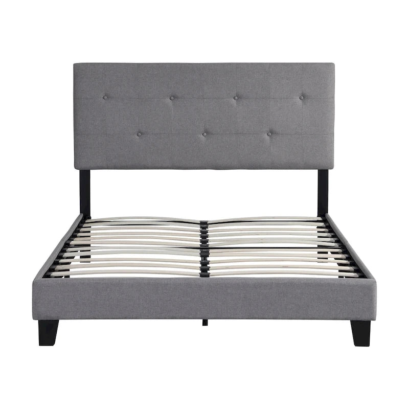Cama tipo plataforma tapizada en lino gris tamaño full, con cabecero capitoné de botones, soporte resistente de listones de madera y sin necesidad de somier